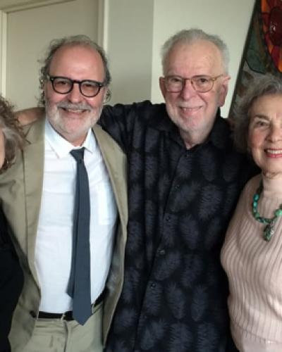 From left, Eileen Yagoda, professor Ross Brann, Dr. Bernard Yudowitz ’55 and Evelyn Yudowitz ‘56 at the Yudowitzes’ home in Miami in 2015.