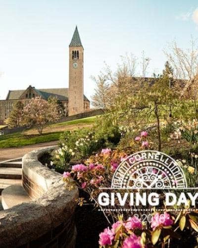Cornell McGraw Clock Tower with spring flowers in foreground