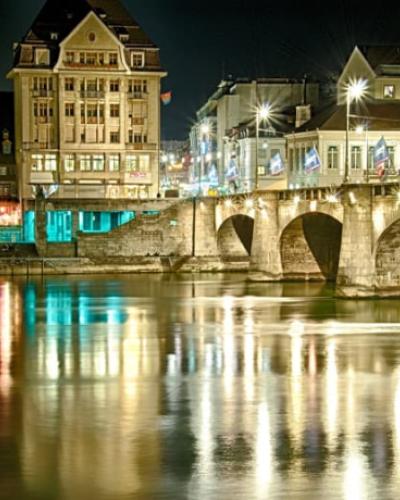 Basel, Switzerland, at night on the river